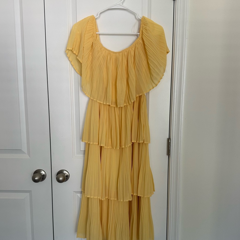 Red Dress Boutique Yellow Tiered Off-Shoulder Midi Dress